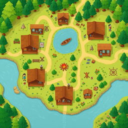 An aerial view looking directly down at a summer camp map, featuring log cabins without roofs, allowing a clear view inside each cabin