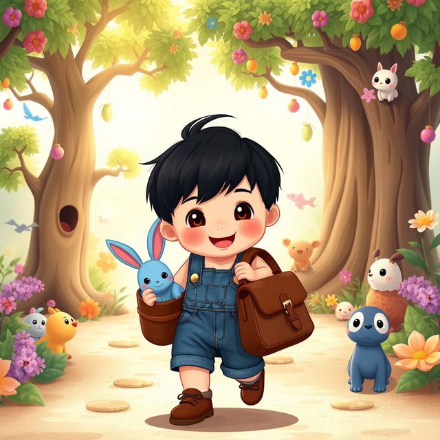 A charming cartoon scene featuring a 10-month-old baby boy with thick black hair, dressed in a short denim jumper and brown shoes