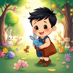 A charming cartoon scene featuring a 10-month-old baby boy with thick black hair, dressed in a short denim jumper and brown shoes