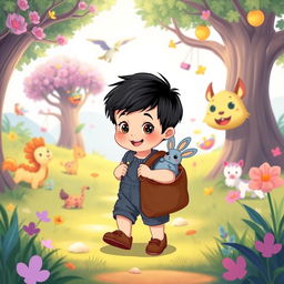 A charming cartoon scene featuring a 10-month-old baby boy with thick black hair, dressed in a short denim jumper and brown shoes