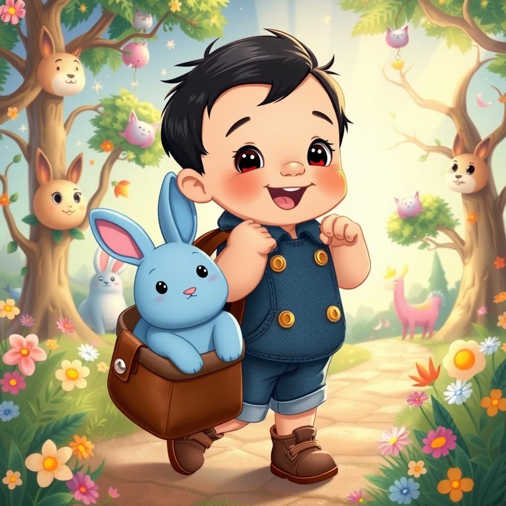 A delightful cartoon scene featuring a 10-month-old baby boy with thick black hair, dressed in a short denim jumper and brown shoes