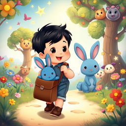 A delightful cartoon scene featuring a 10-month-old baby boy with thick black hair, dressed in a short denim jumper and brown shoes