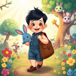 A delightful cartoon scene featuring a 10-month-old baby boy with thick black hair, dressed in a short denim jumper and brown shoes