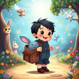 A delightful cartoon scene featuring a 10-month-old baby boy with thick black hair, dressed in a short denim jumper and brown shoes