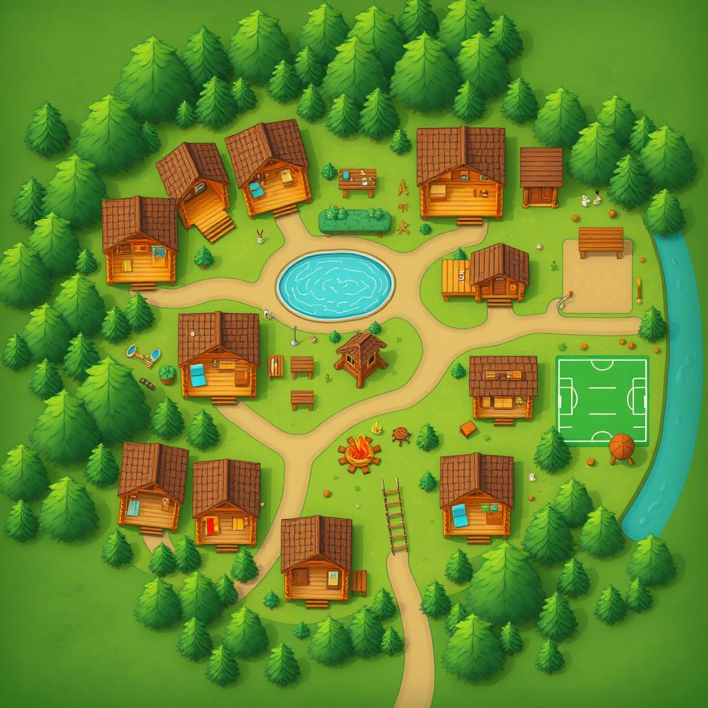 An aerial view looking directly down at a detailed summer camp map, showcasing log cabins without roofs, providing a clear and inviting view inside each cabin