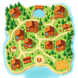 An aerial view looking directly down at a detailed summer camp map, showcasing log cabins without roofs, providing a clear and inviting view inside each cabin