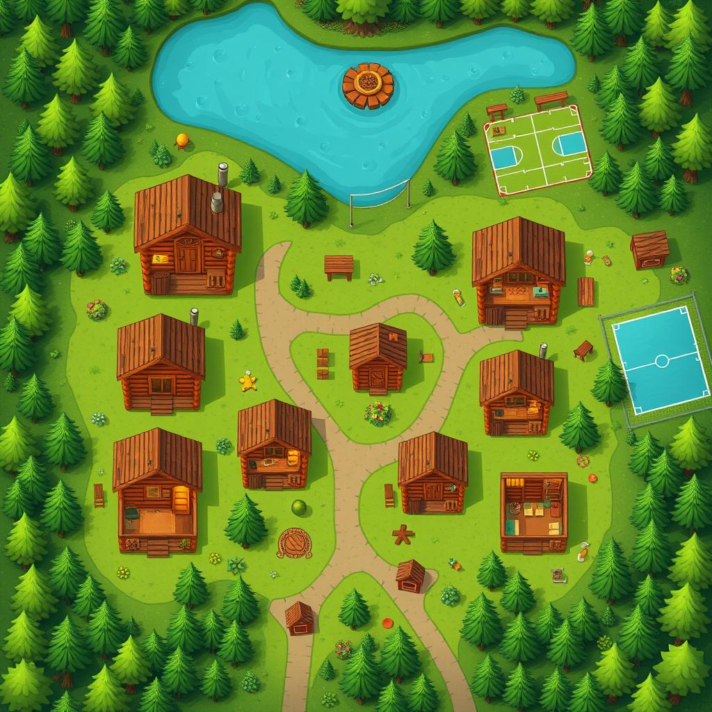 An aerial view looking directly down at a detailed summer camp map, showcasing log cabins without roofs, providing a clear and inviting view inside each cabin