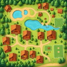 An aerial view looking directly down at a detailed summer camp map, showcasing log cabins without roofs, providing a clear and inviting view inside each cabin