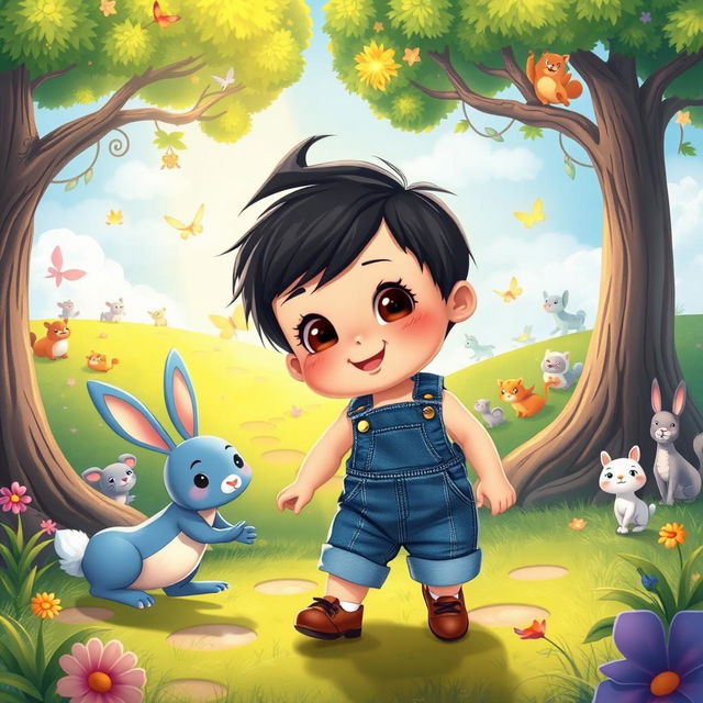 A captivating cartoon scene of a 10-month-old baby boy with thick black hair, wearing a short denim jumper and brown shoes, accompanied by a playful blue rabbit