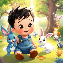 A captivating cartoon scene of a 10-month-old baby boy with thick black hair, wearing a short denim jumper and brown shoes, accompanied by a playful blue rabbit