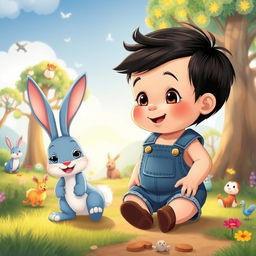 A captivating cartoon scene of a 10-month-old baby boy with thick black hair, wearing a short denim jumper and brown shoes, accompanied by a playful blue rabbit