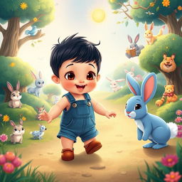 A captivating cartoon scene of a 10-month-old baby boy with thick black hair, wearing a short denim jumper and brown shoes, accompanied by a playful blue rabbit