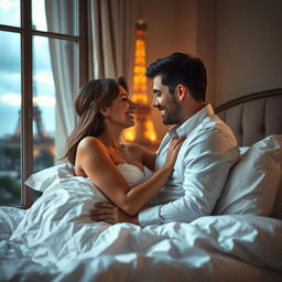 A French couple in bed, warmly embracing, with a stunning view of the Eiffel Tower visible through the window