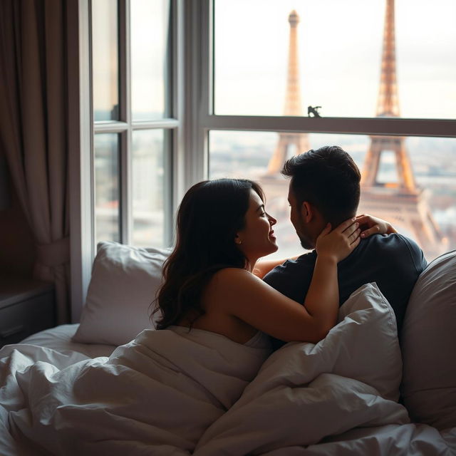 A French couple in bed, warmly embracing, with a stunning view of the Eiffel Tower visible through the window