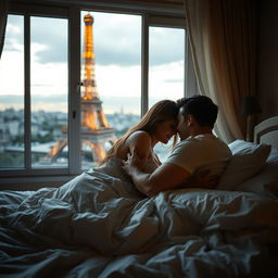 A French couple in bed, warmly embracing, with a stunning view of the Eiffel Tower visible through the window