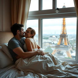 A French couple in bed, warmly embracing, with a stunning view of the Eiffel Tower visible through the window