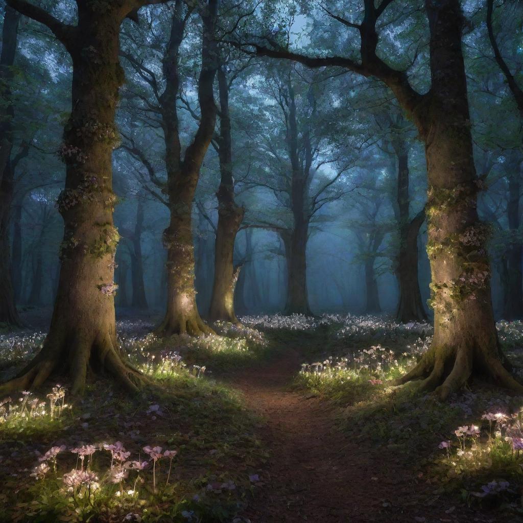 A magical forest lit by ethereal moonlight, with luminescent flowers and elegant fairies dancing between the ancient, towering trees.