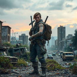 A lone survivor standing amidst a post-apocalyptic landscape, wearing rugged and patched-up clothing with makeshift armor