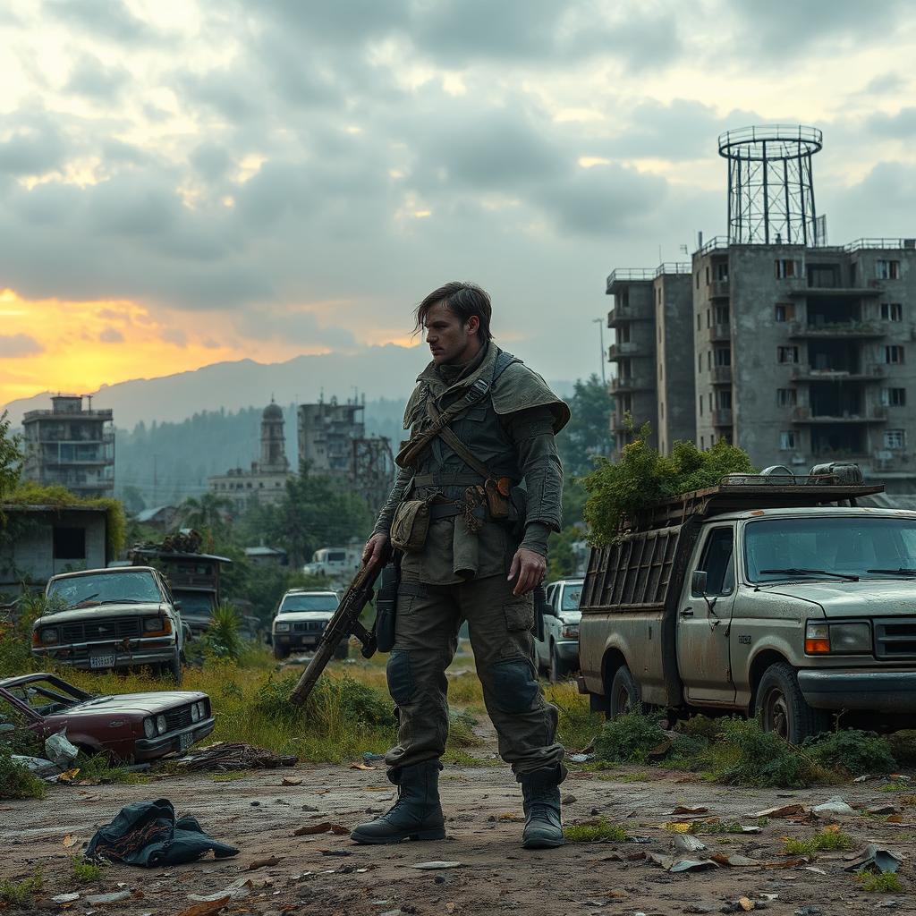 A lone survivor standing amidst a post-apocalyptic landscape, wearing rugged and patched-up clothing with makeshift armor