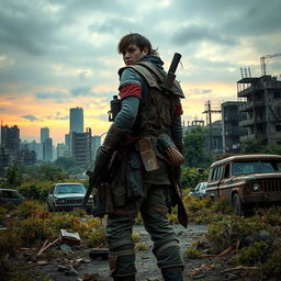 A lone survivor standing amidst a post-apocalyptic landscape, wearing rugged and patched-up clothing with makeshift armor