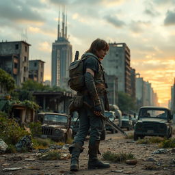 A lone survivor standing amidst a post-apocalyptic landscape, wearing rugged and patched-up clothing with makeshift armor