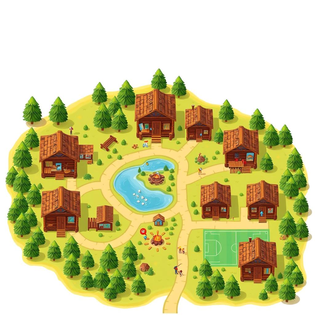 An aerial view looking directly down at a vibrant summer camp map, showcasing log cabins without roofs that reveal detailed interiors