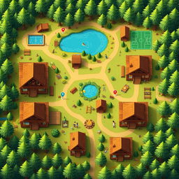 An aerial view looking directly down at a vibrant summer camp map, showcasing log cabins without roofs that reveal detailed interiors