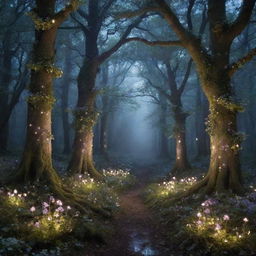 A magical forest lit by ethereal moonlight, with luminescent flowers and elegant fairies dancing between the ancient, towering trees.