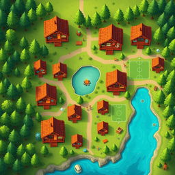 An aerial view looking directly down at a vibrant summer camp map, showcasing log cabins without roofs that reveal detailed interiors