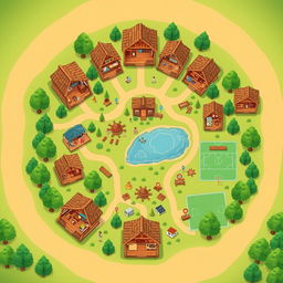 An aerial view looking directly down at a vibrant summer camp map, showcasing log cabins without roofs that reveal detailed interiors