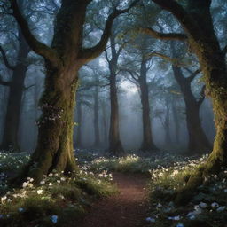 A magical forest lit by ethereal moonlight, with luminescent flowers and elegant fairies dancing between the ancient, towering trees.