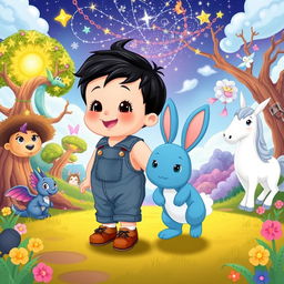 A delightful cartoon scene featuring a 10-month-old baby boy with thick black hair, dressed in a short denim jumper and brown shoes, accompanied by an adorable blue rabbit