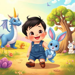 A delightful cartoon scene featuring a 10-month-old baby boy with thick black hair, dressed in a short denim jumper and brown shoes, accompanied by an adorable blue rabbit