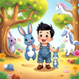 A delightful cartoon scene featuring a 10-month-old baby boy with thick black hair, dressed in a short denim jumper and brown shoes, accompanied by an adorable blue rabbit