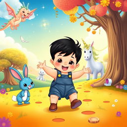 A delightful cartoon scene featuring a 10-month-old baby boy with thick black hair, dressed in a short denim jumper and brown shoes, accompanied by an adorable blue rabbit