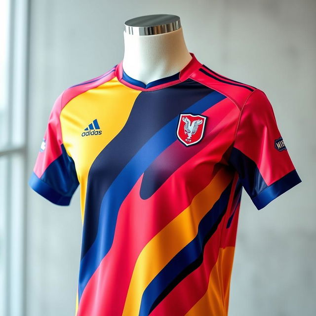 A vibrant and dynamic depiction of a sports jersey, featuring a modern design with bold colors and sleek lines