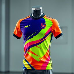 A vibrant and dynamic depiction of a sports jersey, featuring a modern design with bold colors and sleek lines