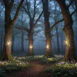 A magical forest lit by ethereal moonlight, with luminescent flowers and elegant fairies dancing between the ancient, towering trees.