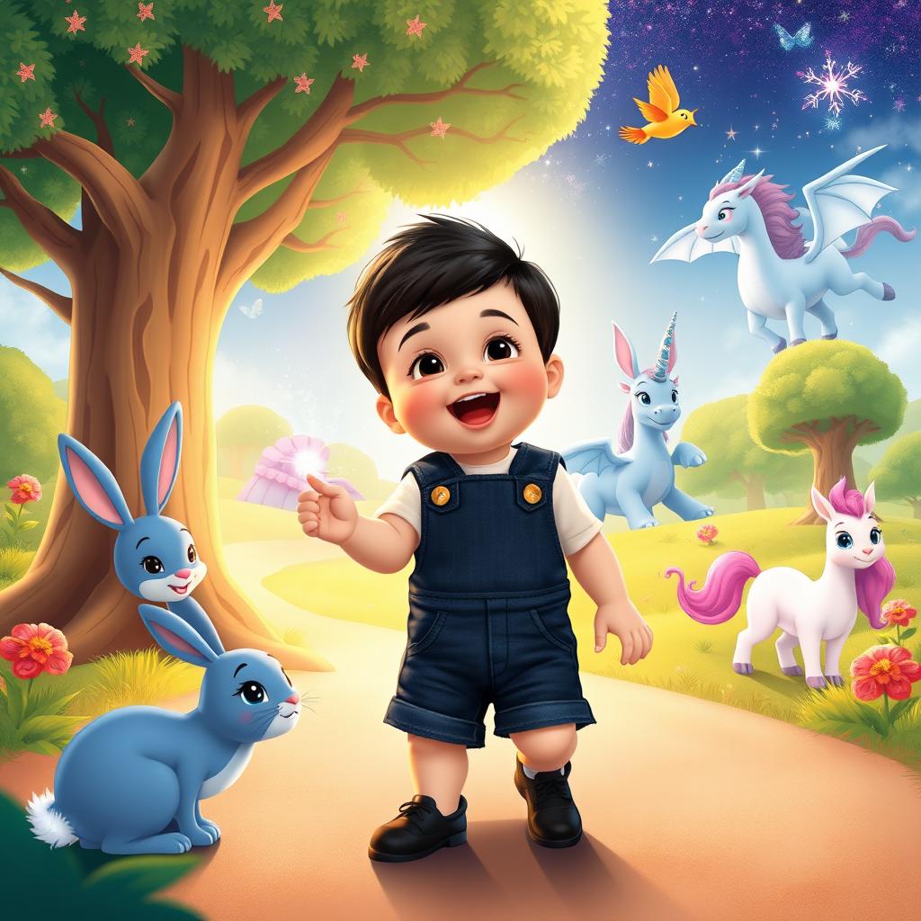 A delightful cartoon scene featuring a 10-month-old baby boy with thick black hair, wearing a short denim jumper and black shoes, accompanied by a charming blue rabbit