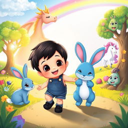 A delightful cartoon scene featuring a 10-month-old baby boy with thick black hair, wearing a short denim jumper and black shoes, accompanied by a charming blue rabbit