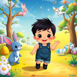 A delightful cartoon scene featuring a 10-month-old baby boy with thick black hair, wearing a short denim jumper and black shoes, accompanied by a charming blue rabbit