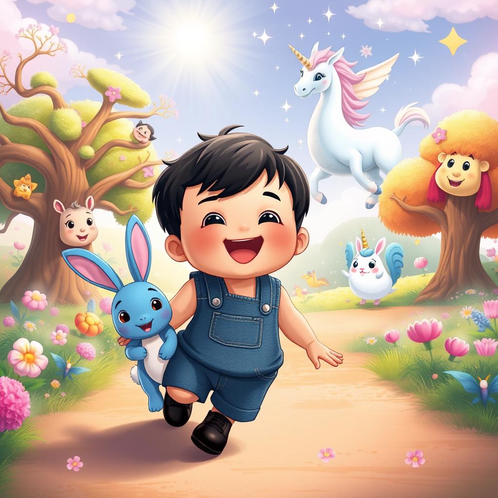 A delightful cartoon scene featuring a 10-month-old baby boy with thick black hair, wearing a short denim jumper and black shoes, accompanied by a charming blue rabbit