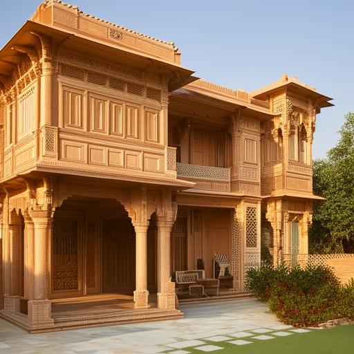 A 20 marla house designed in the traditional Indian style, featuring ornate detailing, verandas, vibrant colors, and intricate woodwork.