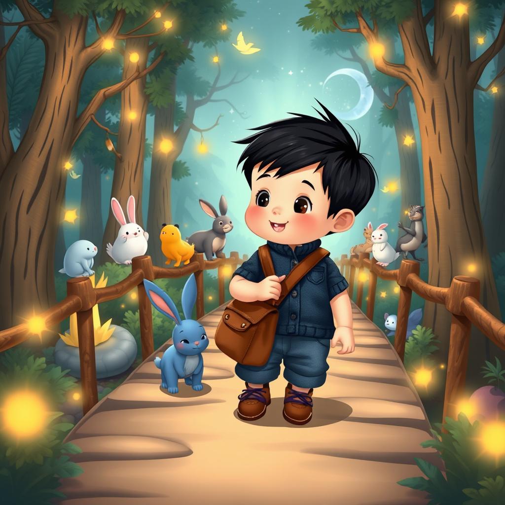 A cartoon depiction of a 10-month-old baby boy with thick black hair, wearing a short denim jumper and brown shoes