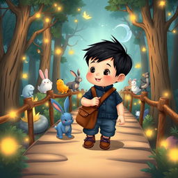 A cartoon depiction of a 10-month-old baby boy with thick black hair, wearing a short denim jumper and brown shoes