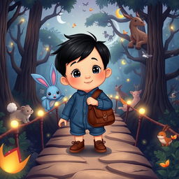 A cartoon depiction of a 10-month-old baby boy with thick black hair, wearing a short denim jumper and brown shoes