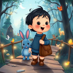 A cartoon depiction of a 10-month-old baby boy with thick black hair, wearing a short denim jumper and brown shoes