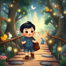 A cartoon depiction of a 10-month-old baby boy with thick black hair, wearing a short denim jumper and brown shoes