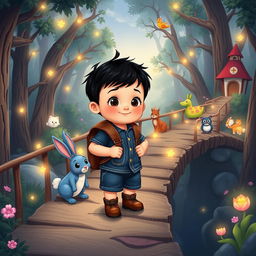 A cartoon depiction of a 10-month-old baby boy with thick black hair, wearing a short denim jumper and brown shoes