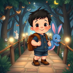 A cartoon depiction of a 10-month-old baby boy with thick black hair, wearing a short denim jumper and brown shoes